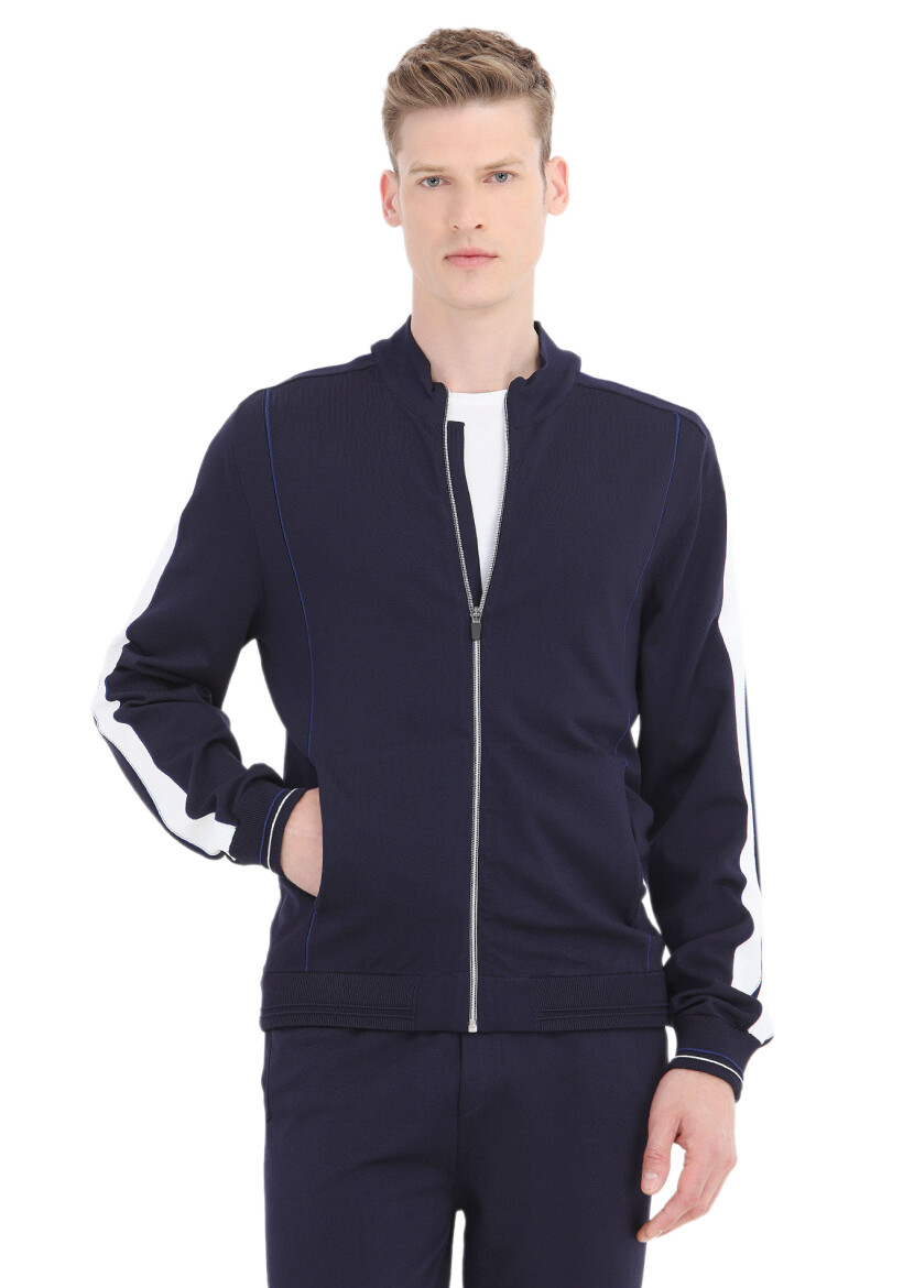 Navy Blue Mock-Turtleneck Jacquard Cardigan 