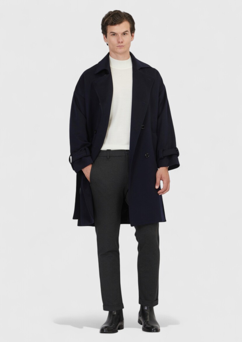 Navy Blue Oversize Fit Casual Weaving Overcoat - RAMSEY