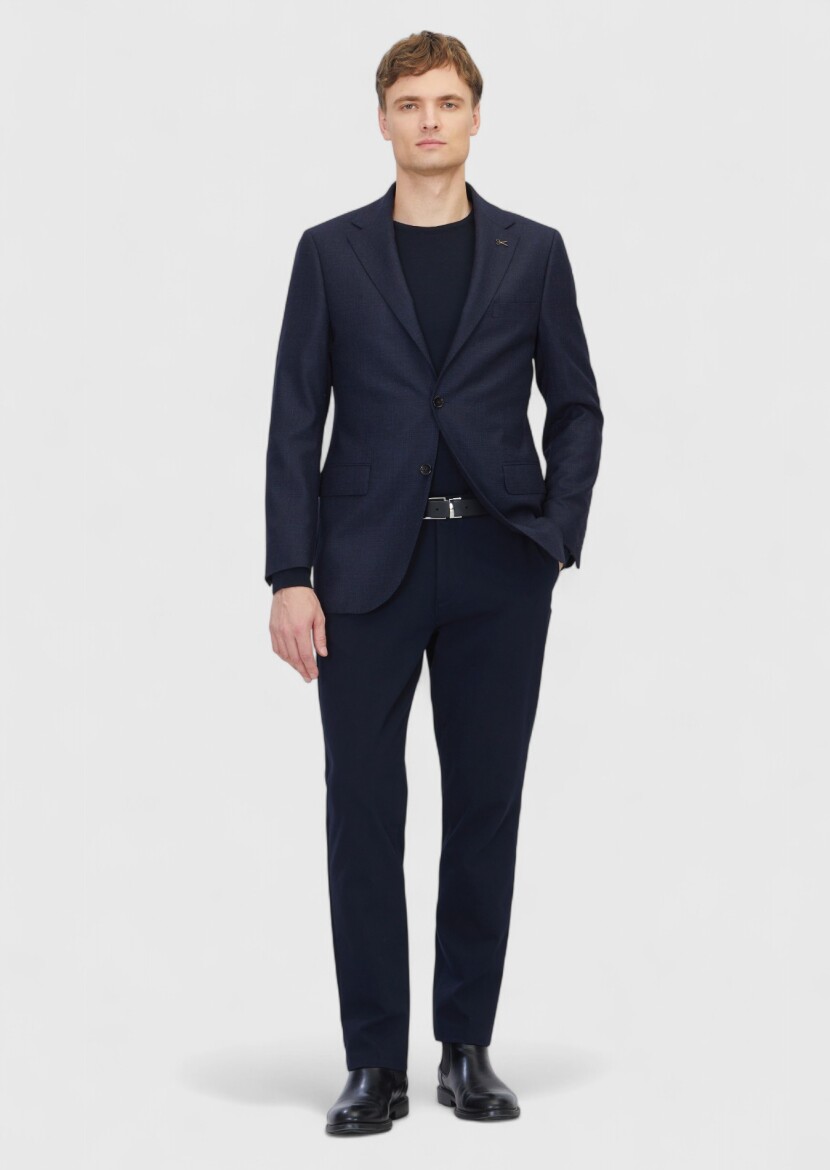 Navy Blue Patterned Regular Fit 100% Wool Jacket - RAMSEY