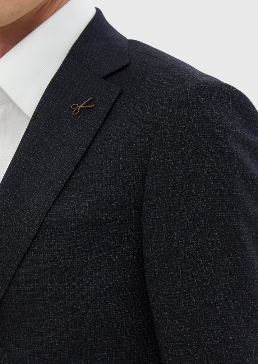 Navy Blue Patterned Regular Fit 100% Wool Suit - 6