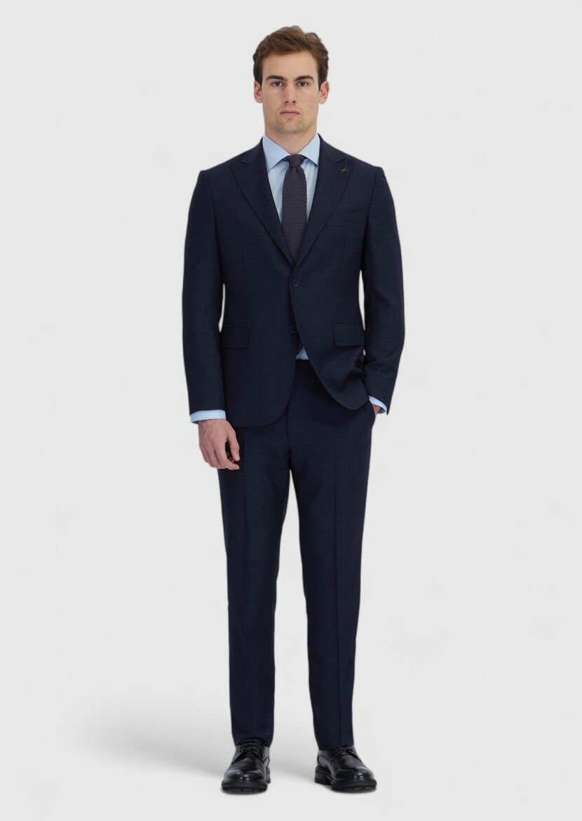 Navy Blue Patterned Zeroweight Slim Fit 100% Wool Suit - RAMSEY