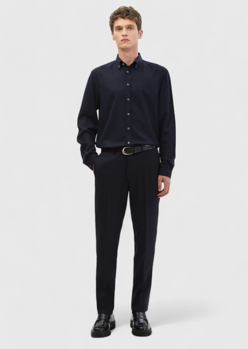 Navy Blue Plain Casual Fit Weaving Casual Shirt 
