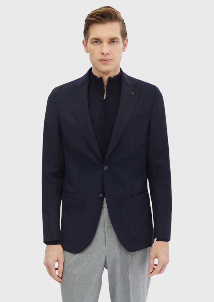 Navy Blue Plain Comfort Fit 100% Wool Jacket - RAMSEY