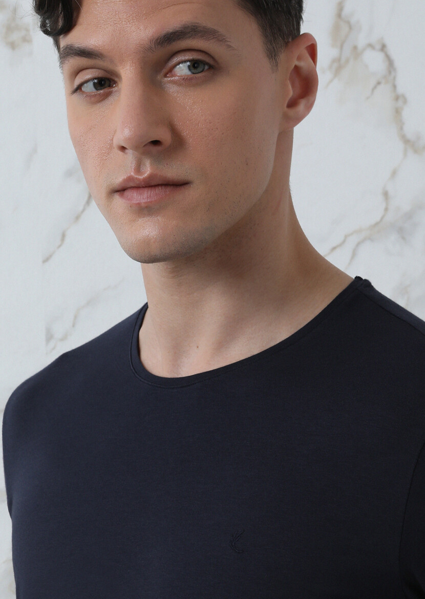 Navy Blue Plain Cotton Blended T-Shirt 