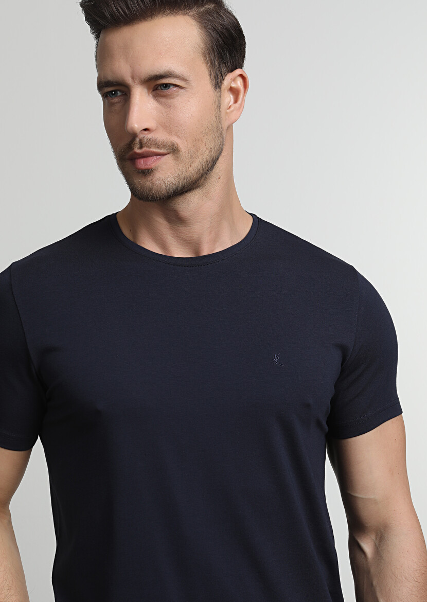 Navy Blue Plain Cotton Blended T-Shirt 