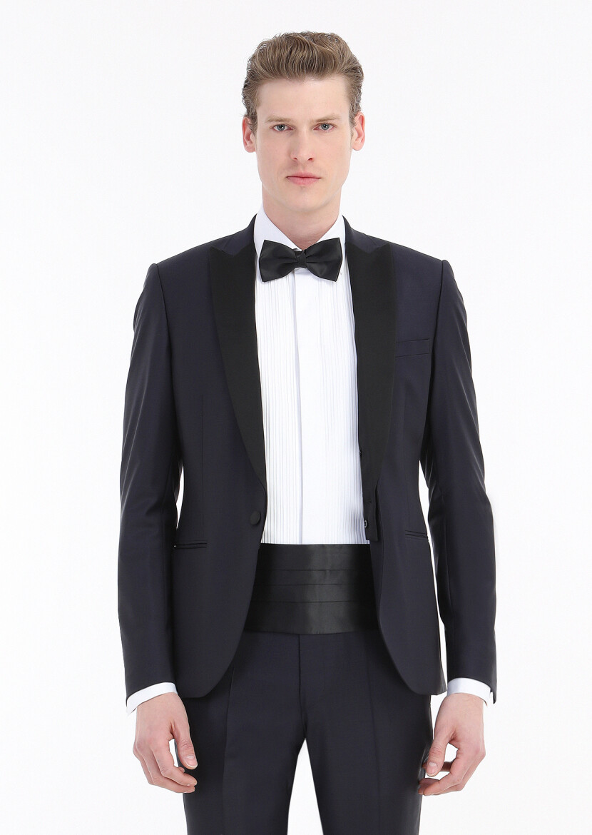 Navy Blue Plain Fashion Slim Fit Double Breasted Collar Weaving Tuxedo - RAMSEY