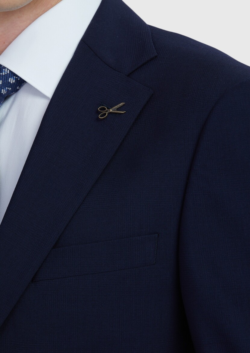 Navy Blue Plain Modern Fit Wool Blended Suit - 5