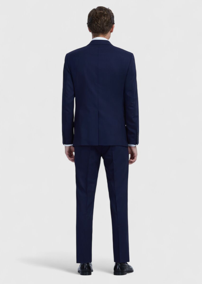 Navy Blue Plain Modern Fit Wool Blended Suit - 7