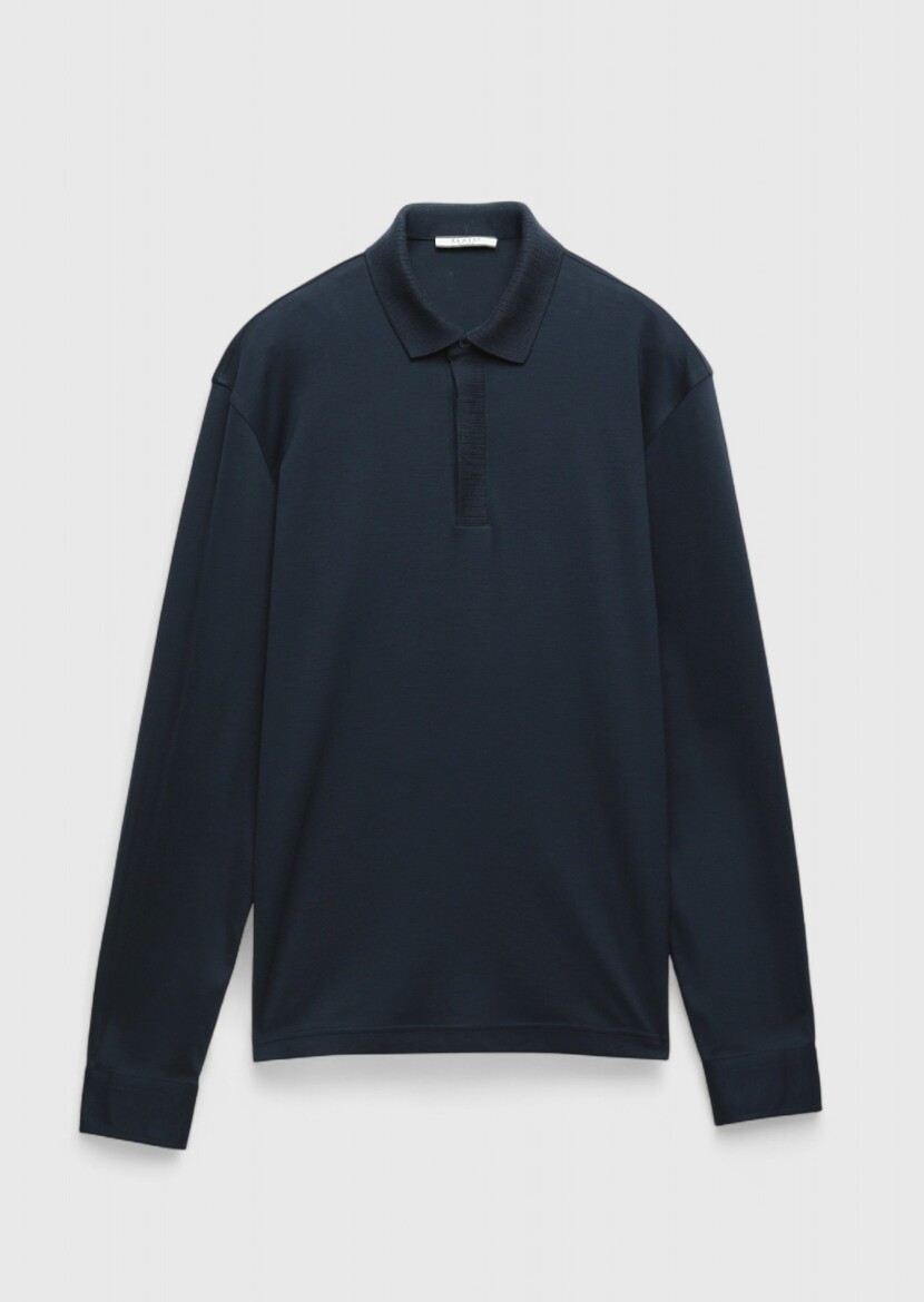Navy Blue Plain Polo Neck 100% Cotton T-Shirt - RAMSEY