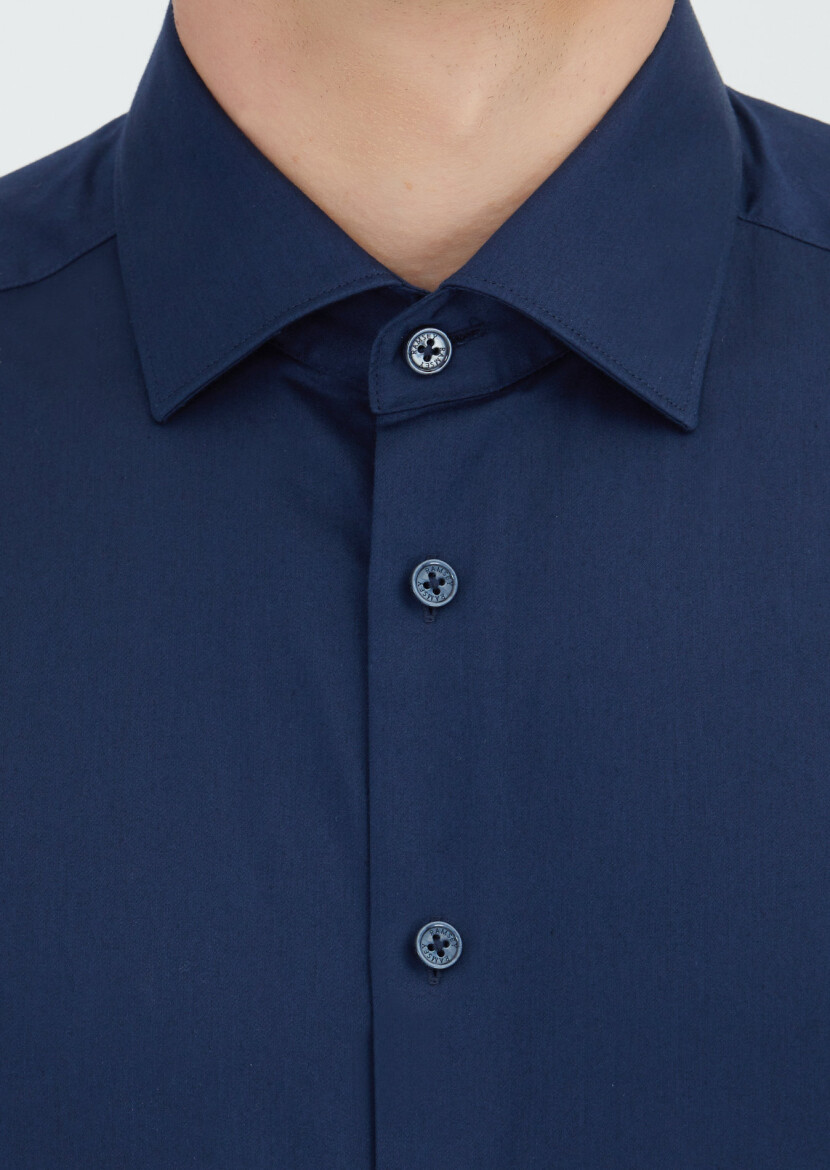Navy Blue Plain Regular Fit Weaving Classical 100% Cotton Shirt - 3