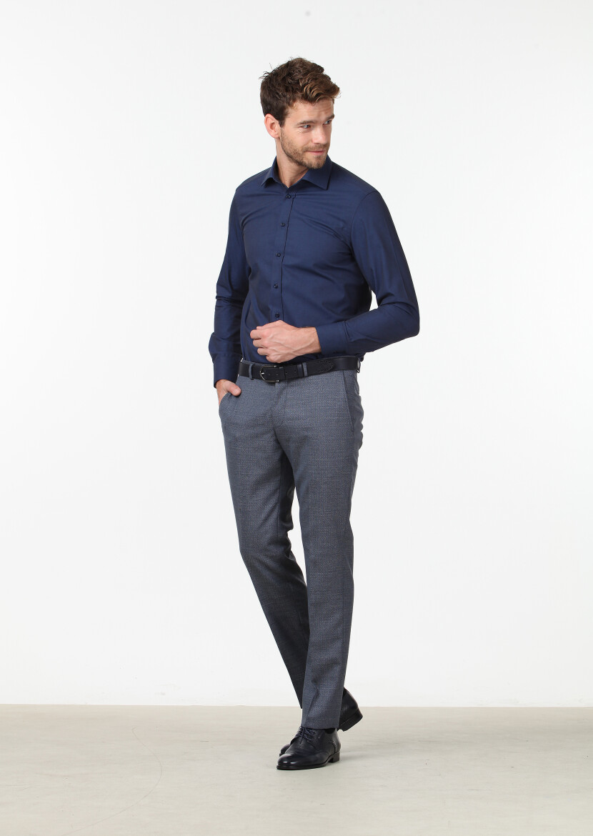 Navy Blue Plain Regular Fit Weaving Classical Cotton Blended Shirt 