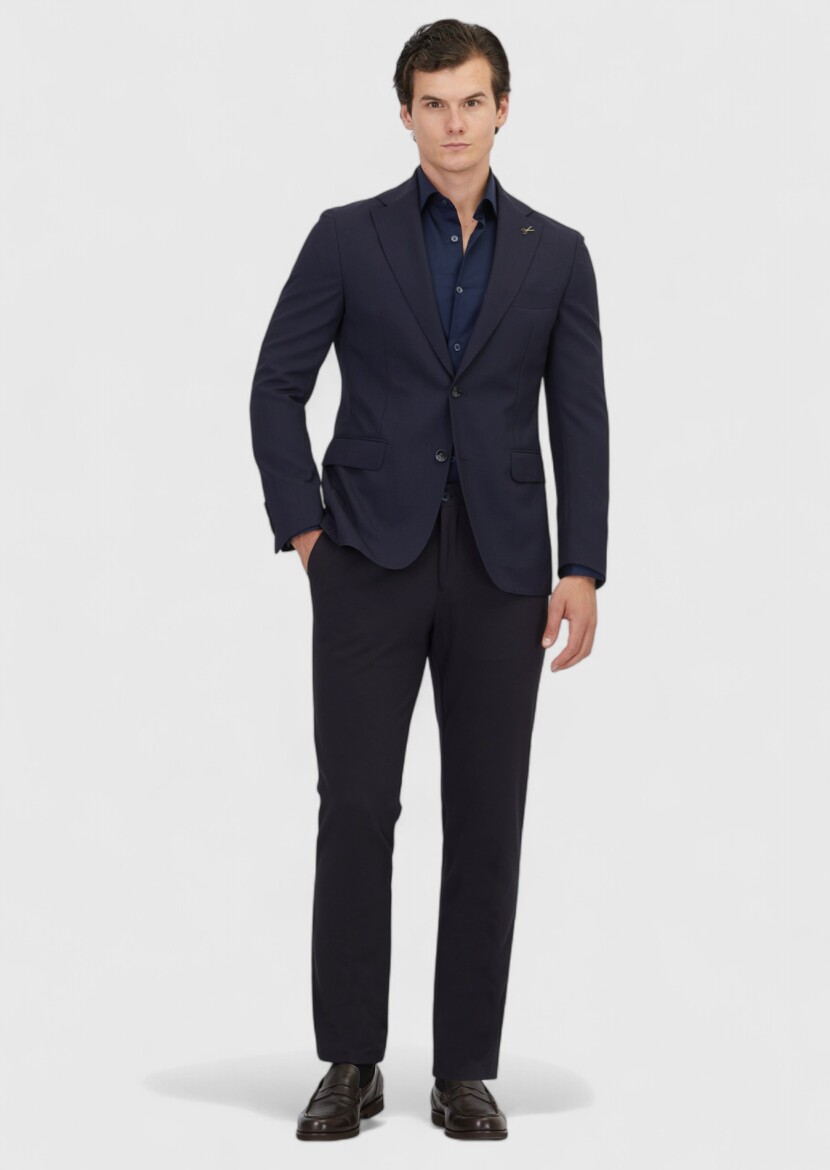Navy Blue Plain Shirt Shoulder Slim Fit 100% Wool Jacket - RAMSEY