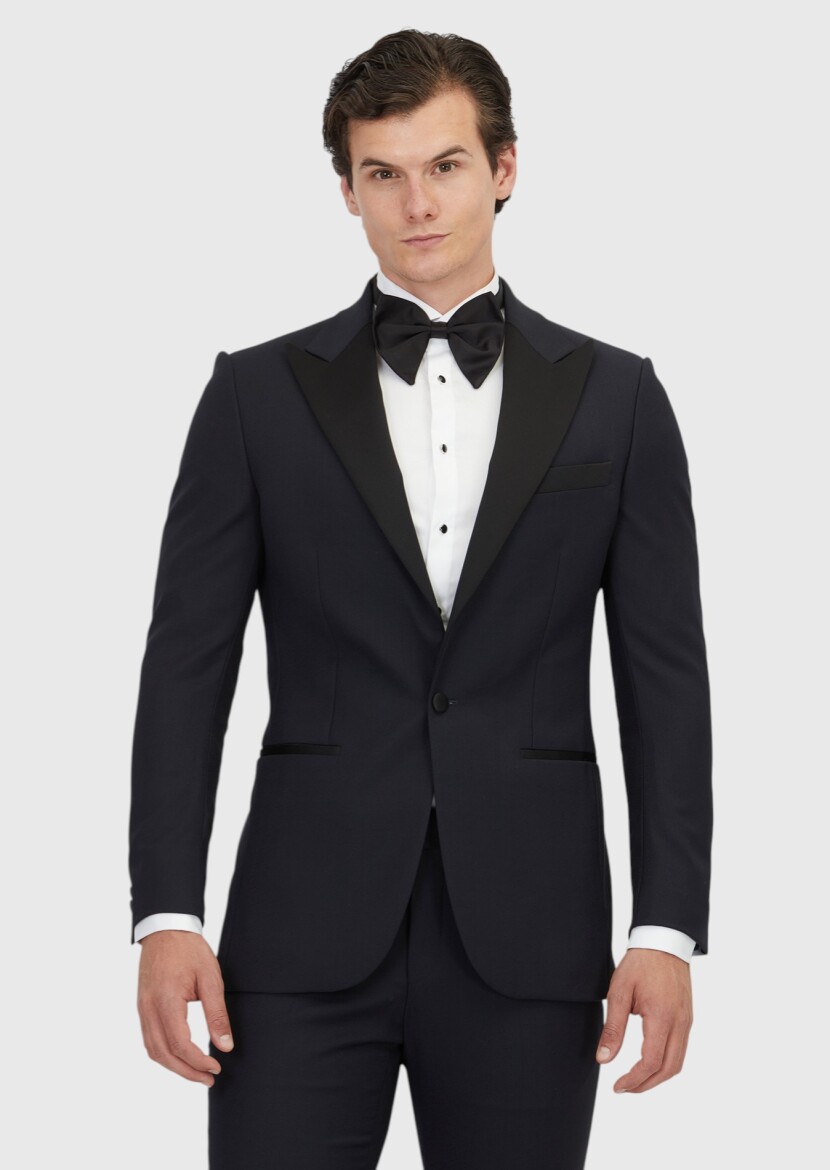 Navy Blue Plain Thin&Taller Slim Fit Double Breasted Collar Weaving Tuxedo - RAMSEY