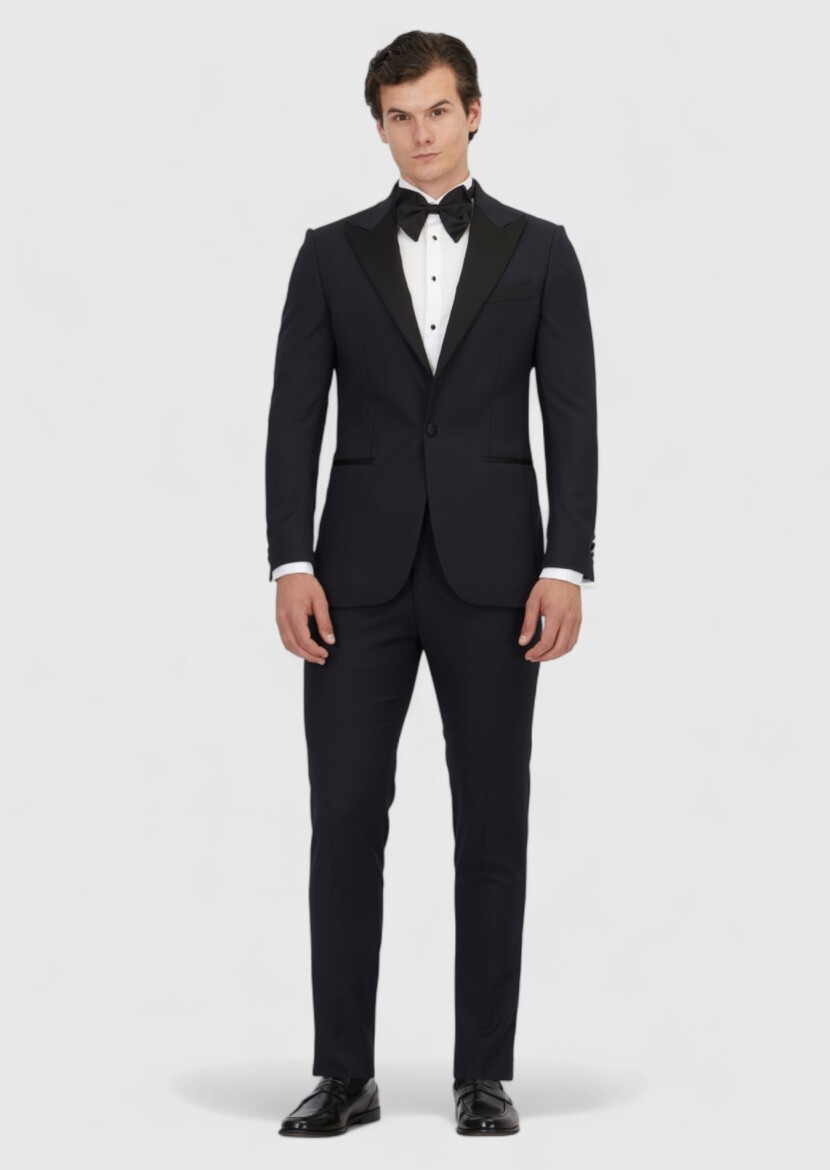 Navy Blue Plain Thin&Taller Slim Fit Double Breasted Collar Weaving Tuxedo - RAMSEY