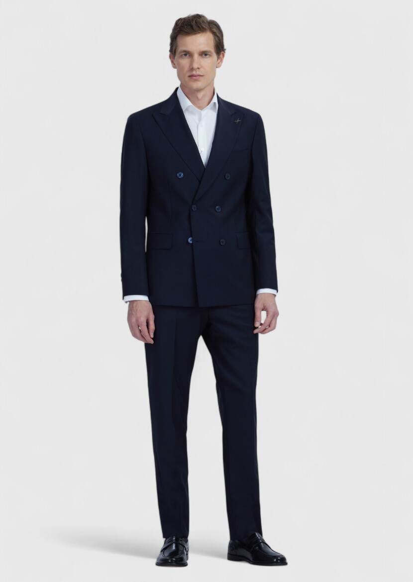 Navy Blue Plain Wool Blended Suit - 2