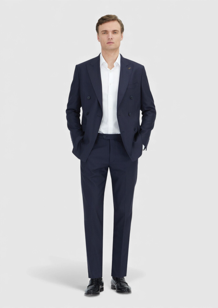 Navy Blue Plain Zeroweight Slim Fit 100% Wool Suit - RAMSEY