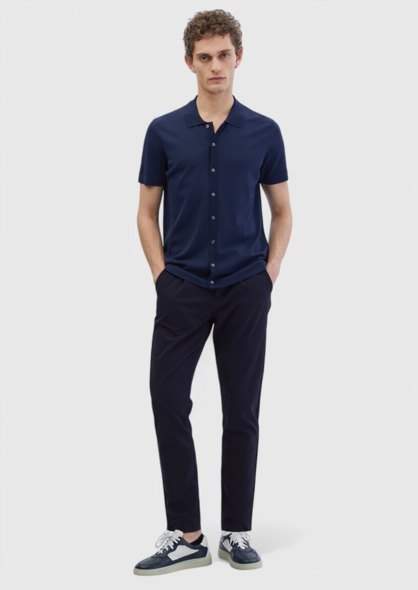 Navy Blue Polo Neck Plain Knitting Cardigan 