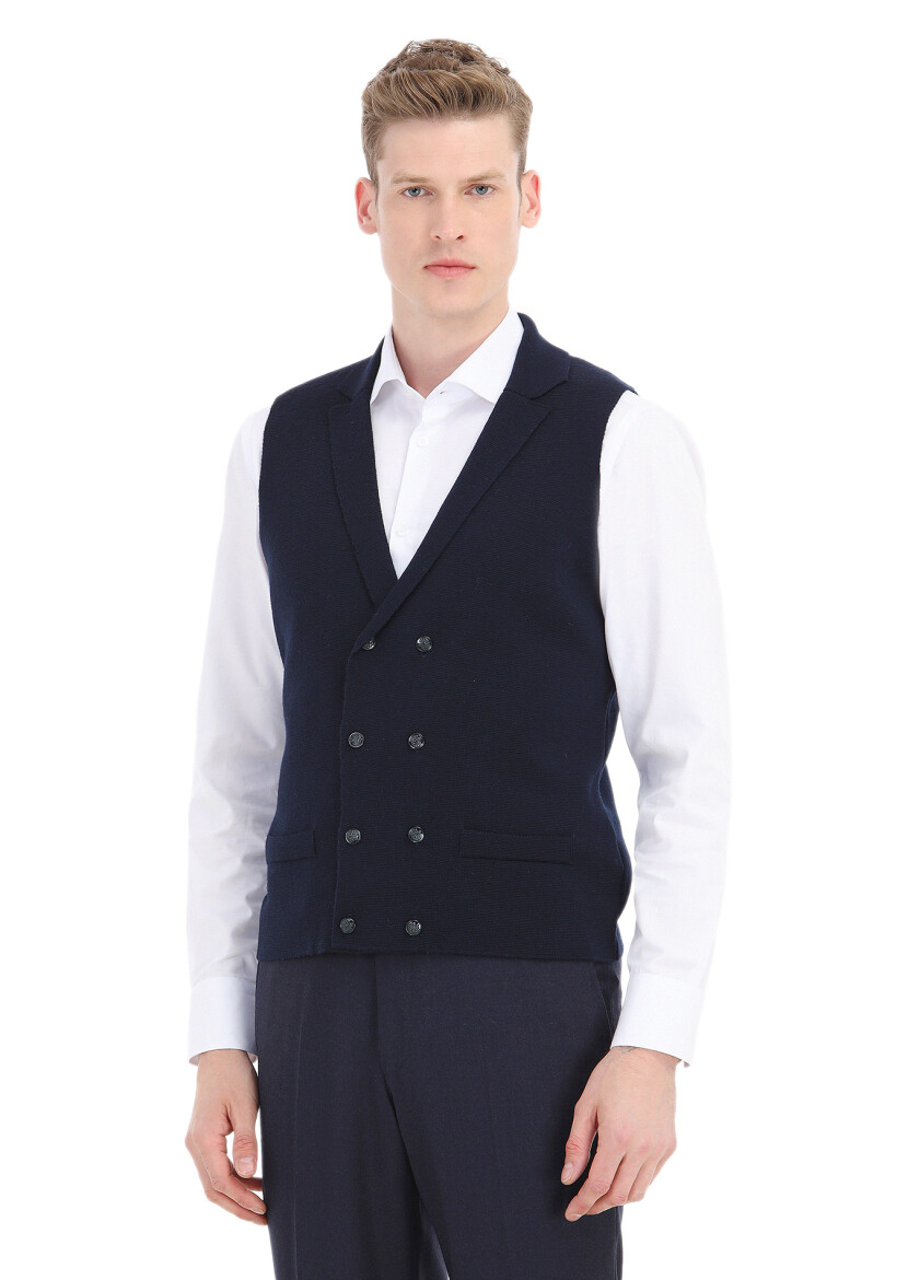 Navy Blue Regular Fit Butterfly Collar Casual Knitting Knit Vest - RAMSEY