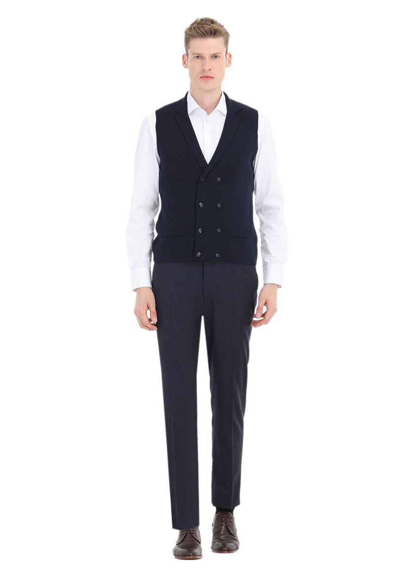 Navy Blue Regular Fit Butterfly Collar Casual Knitting Knit Vest - RAMSEY