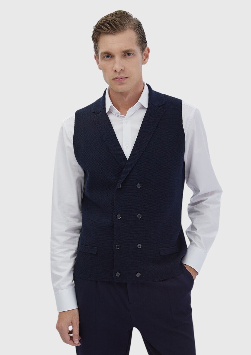 Navy Blue Regular Fit Butterfly Collar Casual Knitting Knit Vest - RAMSEY