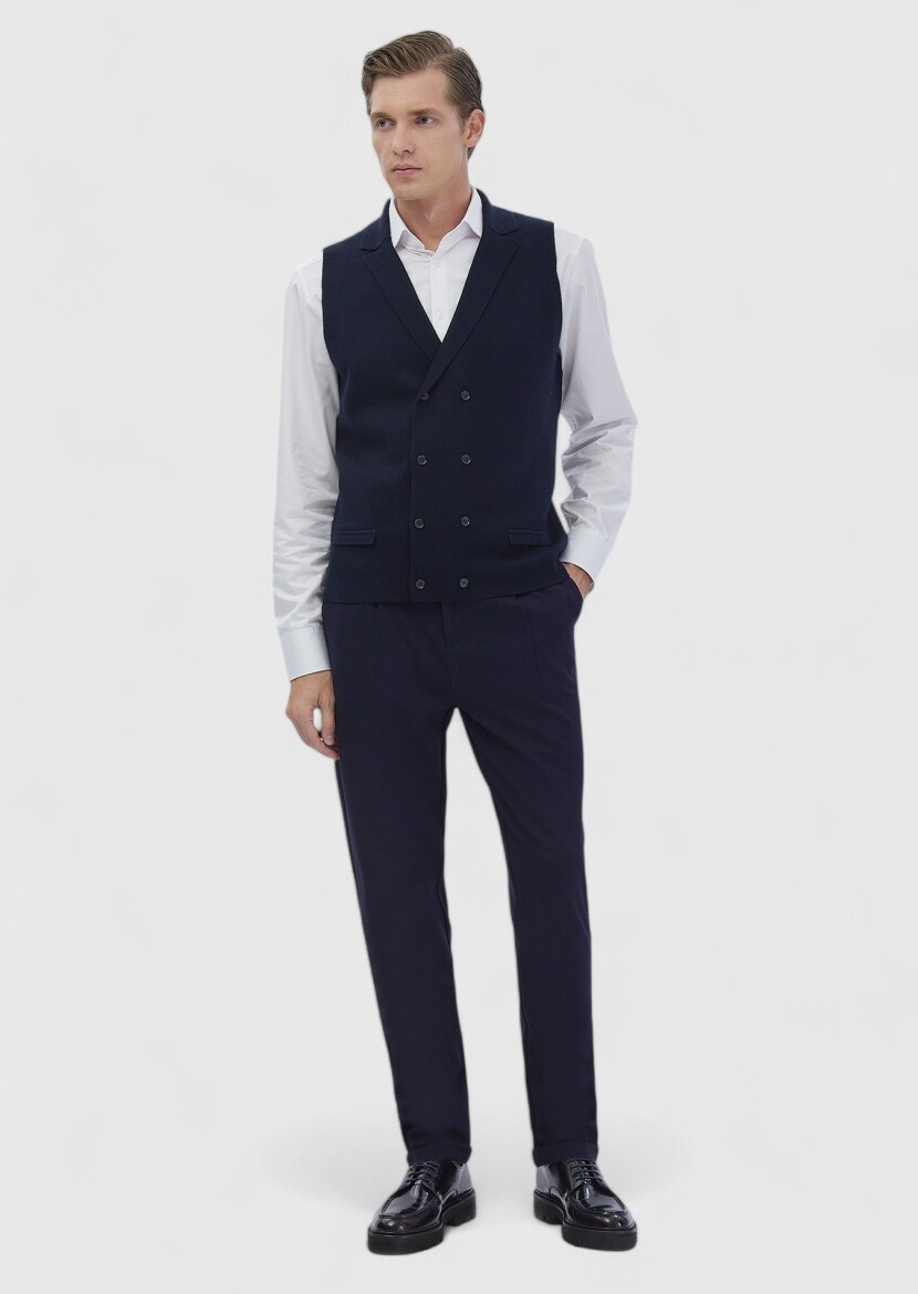 Navy Blue Regular Fit Butterfly Collar Casual Knitting Knit Vest - RAMSEY