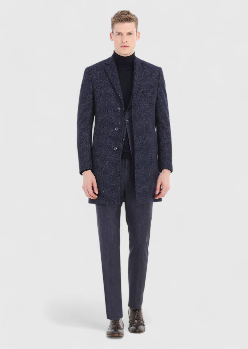 Navy Blue Regular Fit Butterfly Collar Classical Weaving Overcoat - 1