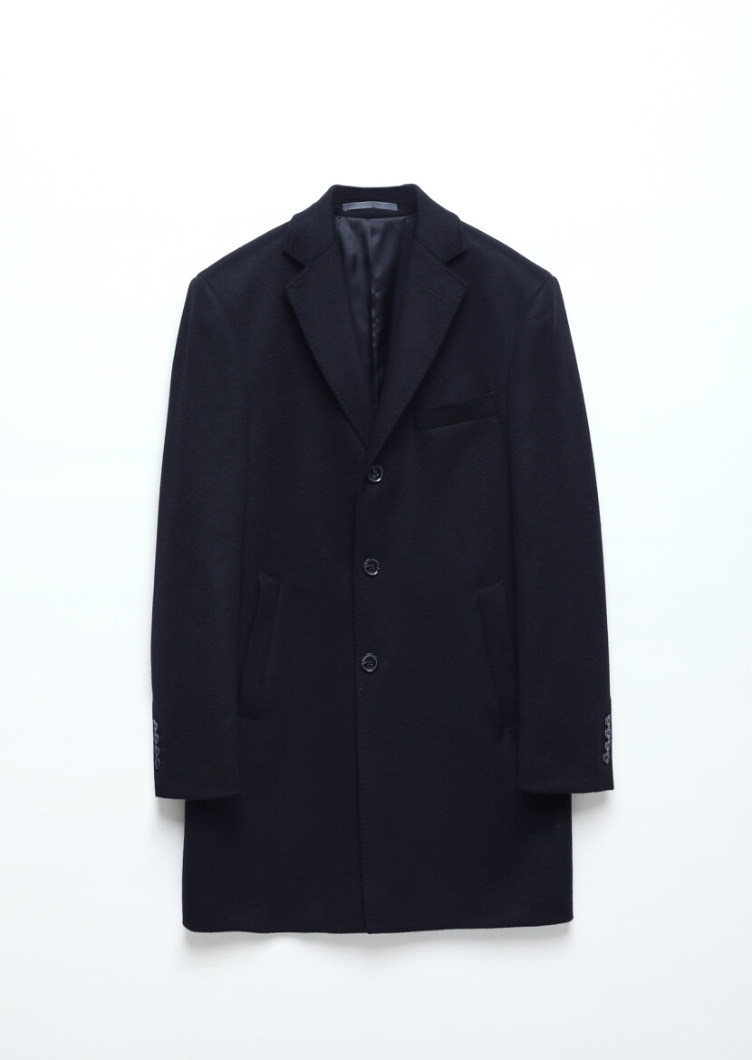 Navy Blue Regular Fit Butterfly Collar Classical Weaving Overcoat - RAMSEY
