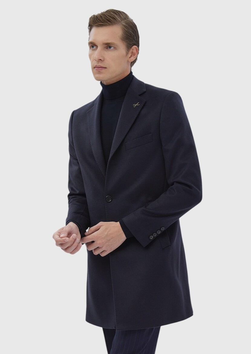 Navy Blue Regular Fit Butterfly Collar Classical Weaving Overcoat - RAMSEY