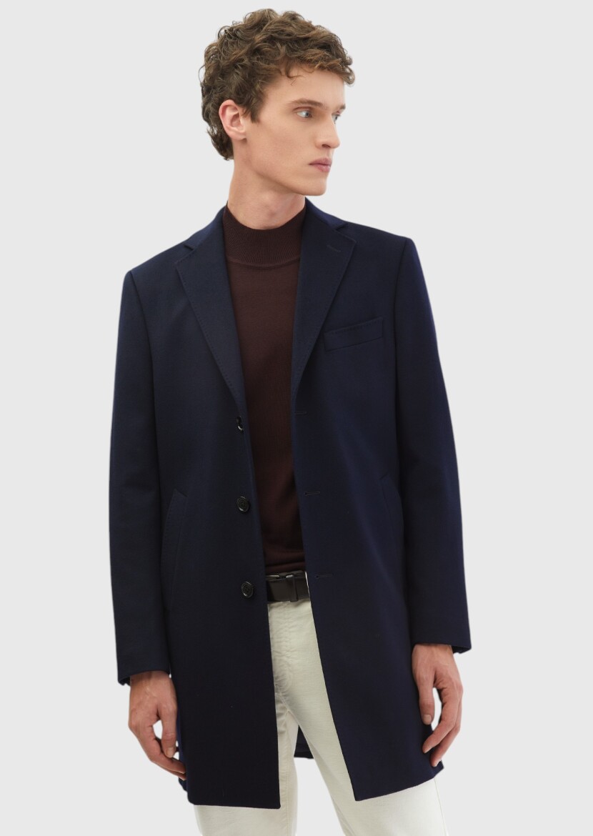 Navy Blue Regular Fit Butterfly Collar Classical Weaving Overcoat - RAMSEY