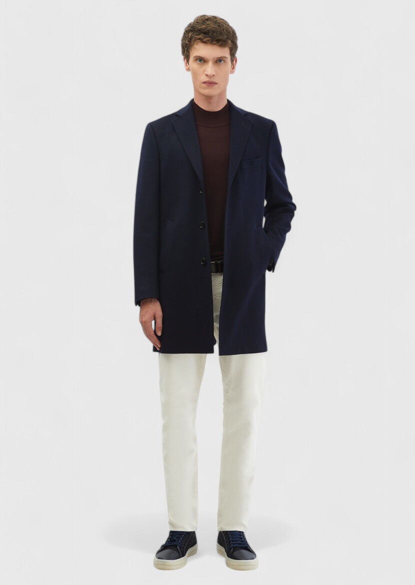 Navy Blue Regular Fit Butterfly Collar Classical Weaving Overcoat - RAMSEY