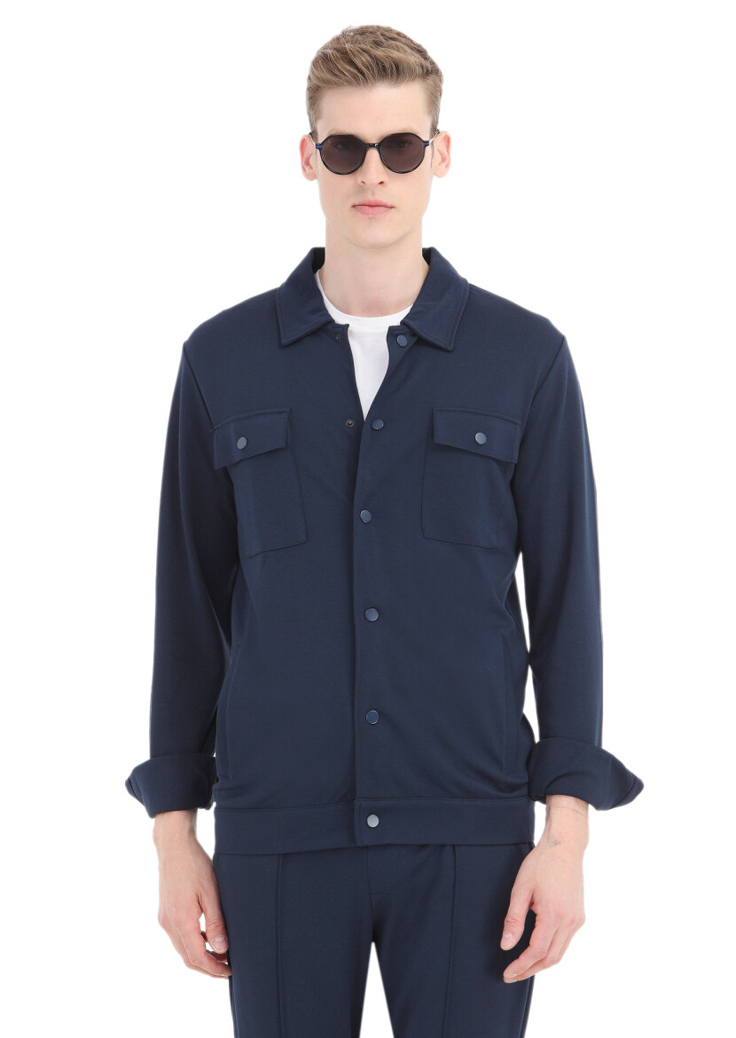 Navy Blue Regular Fit Cotton Blended Blazer 