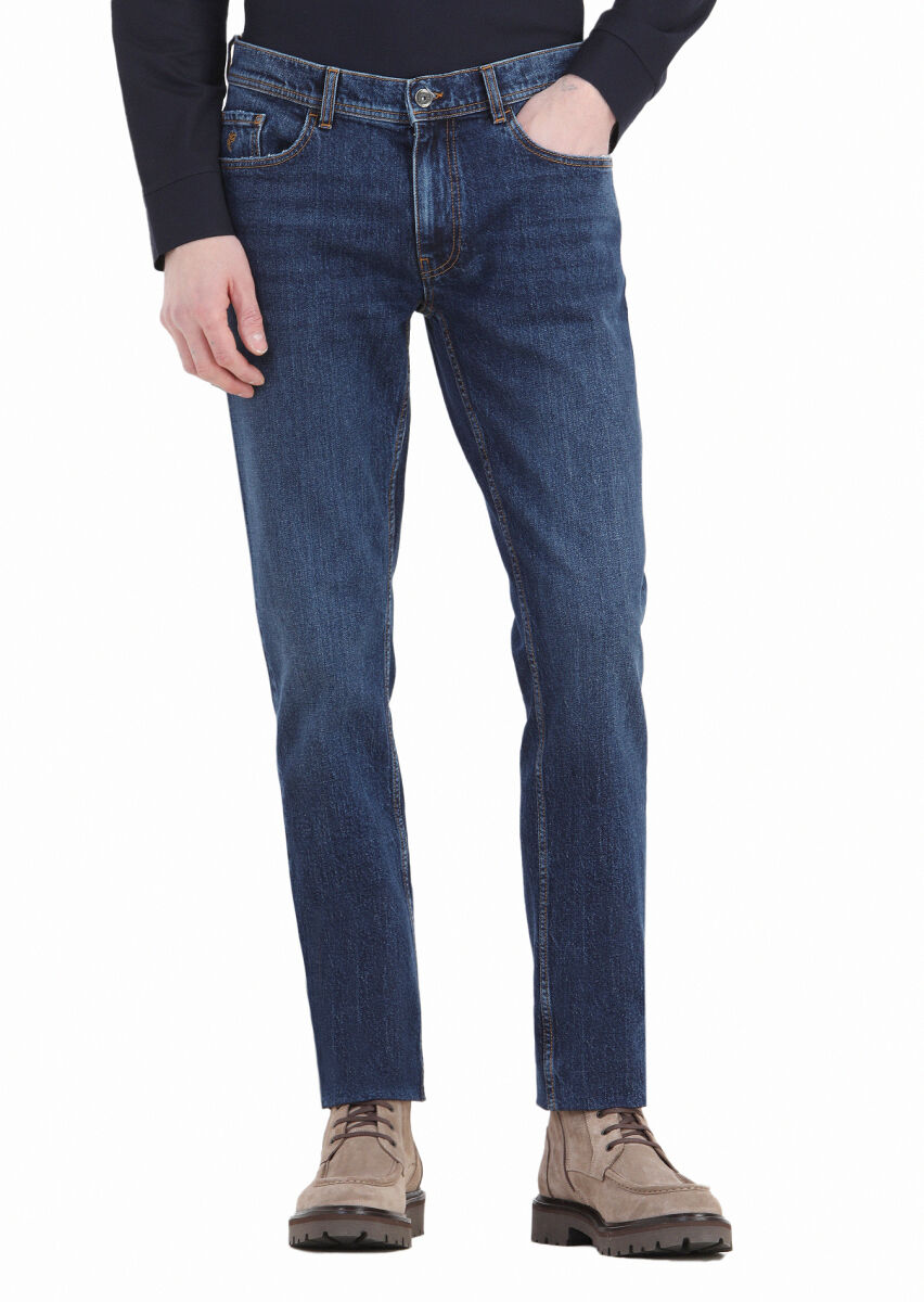 Navy Blue Regular Fit Denim 100% Cotton Trousers - 2
