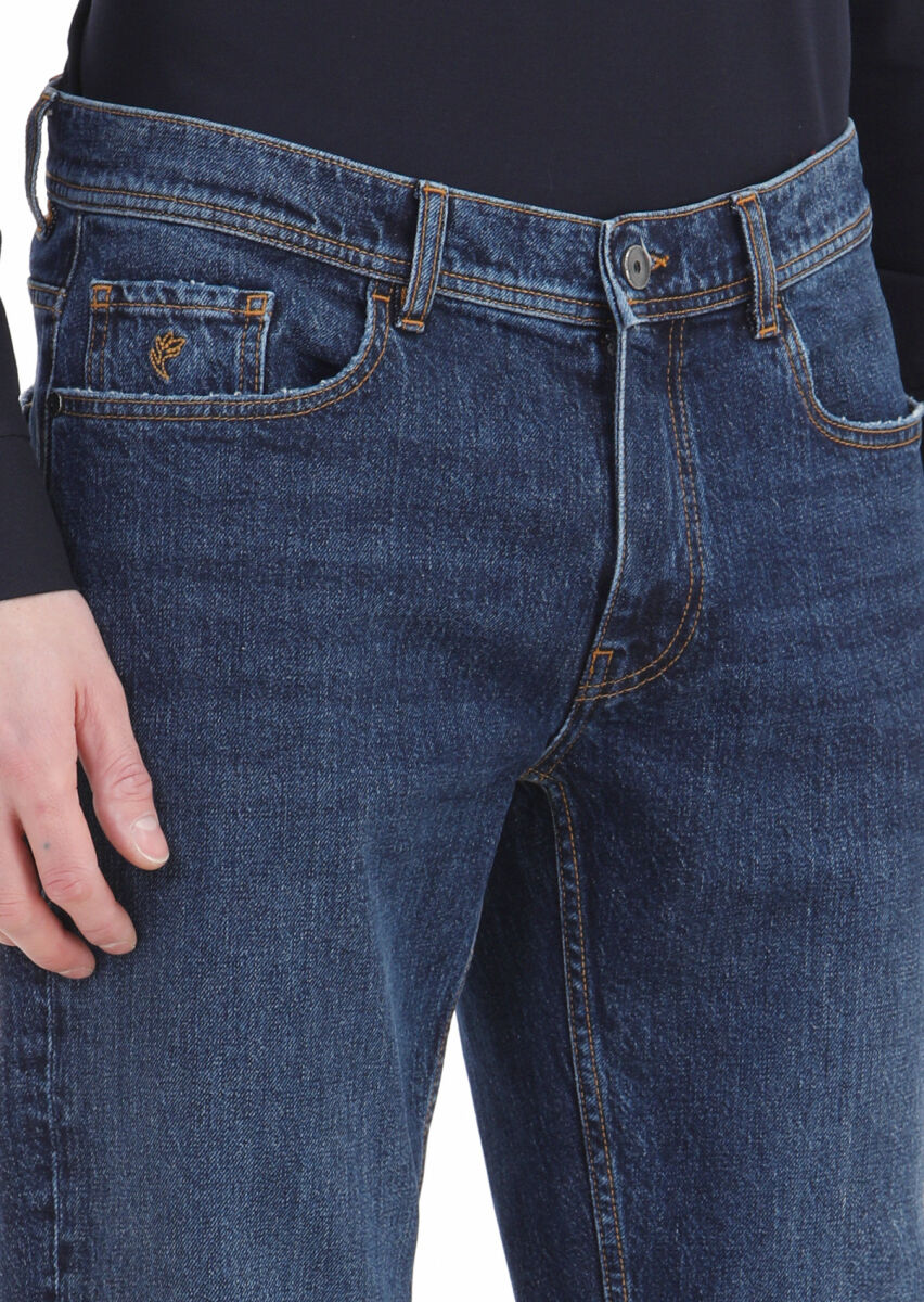 Navy Blue Regular Fit Denim 100% Cotton Trousers - 3