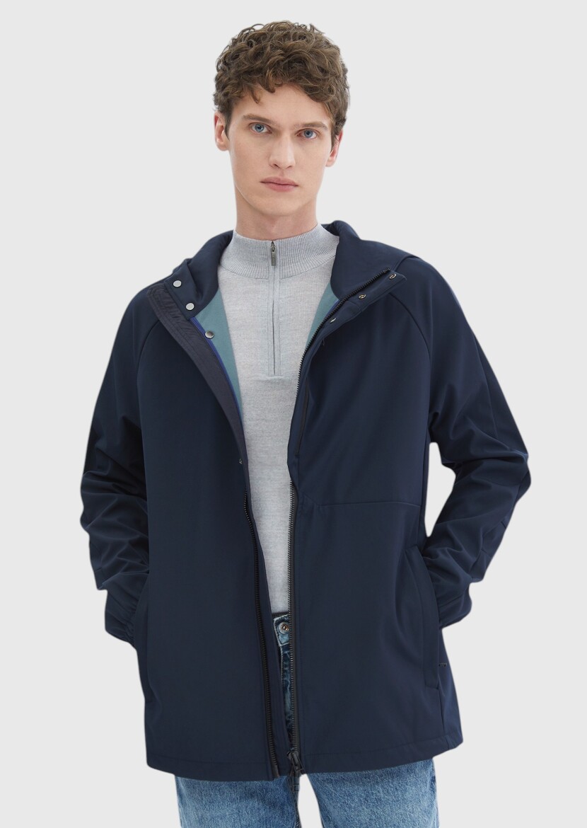 Navy Blue Regular Fit Hooded Denim Weaving Coat - RAMSEY