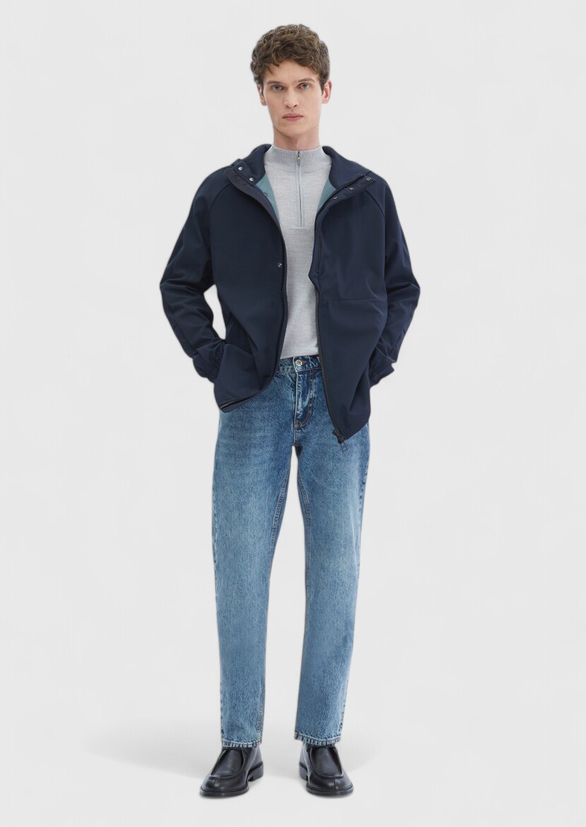 Navy Blue Regular Fit Hooded Denim Weaving Coat - RAMSEY