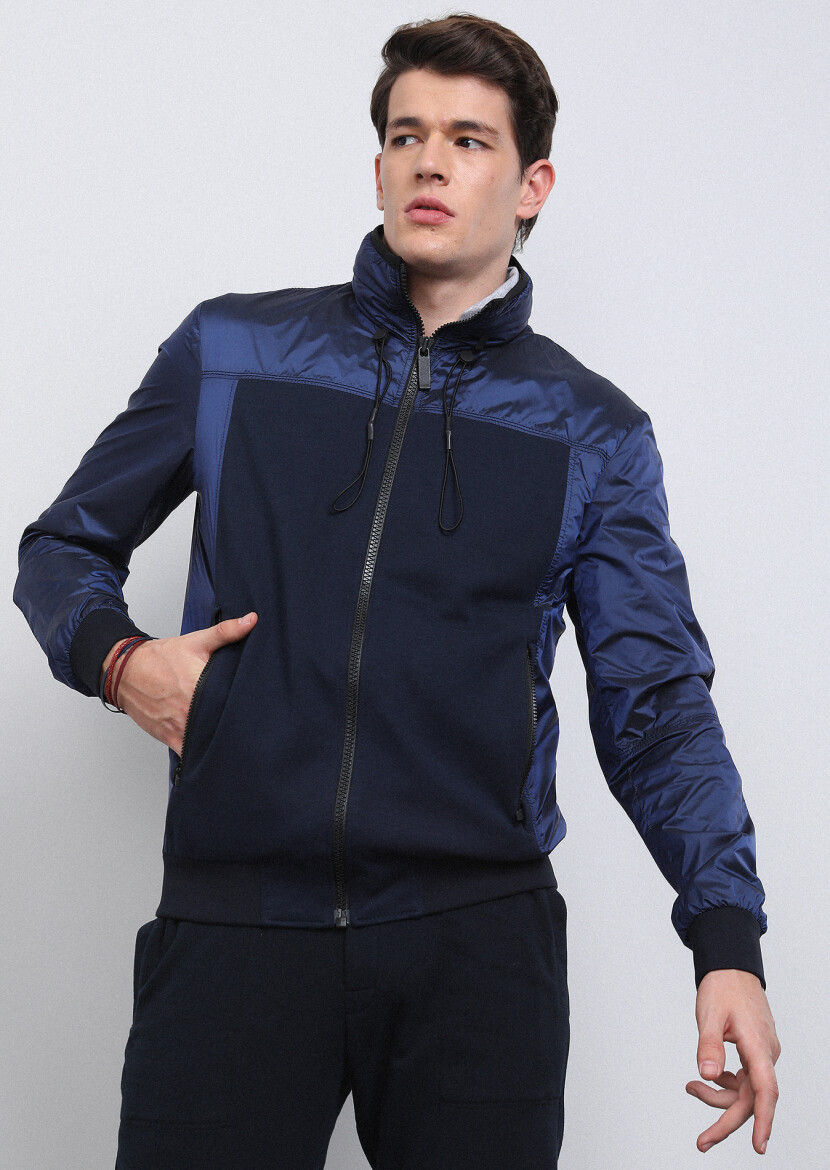 Navy Blue Regular Fit Turtleneck Casual Weaving Coat - 1