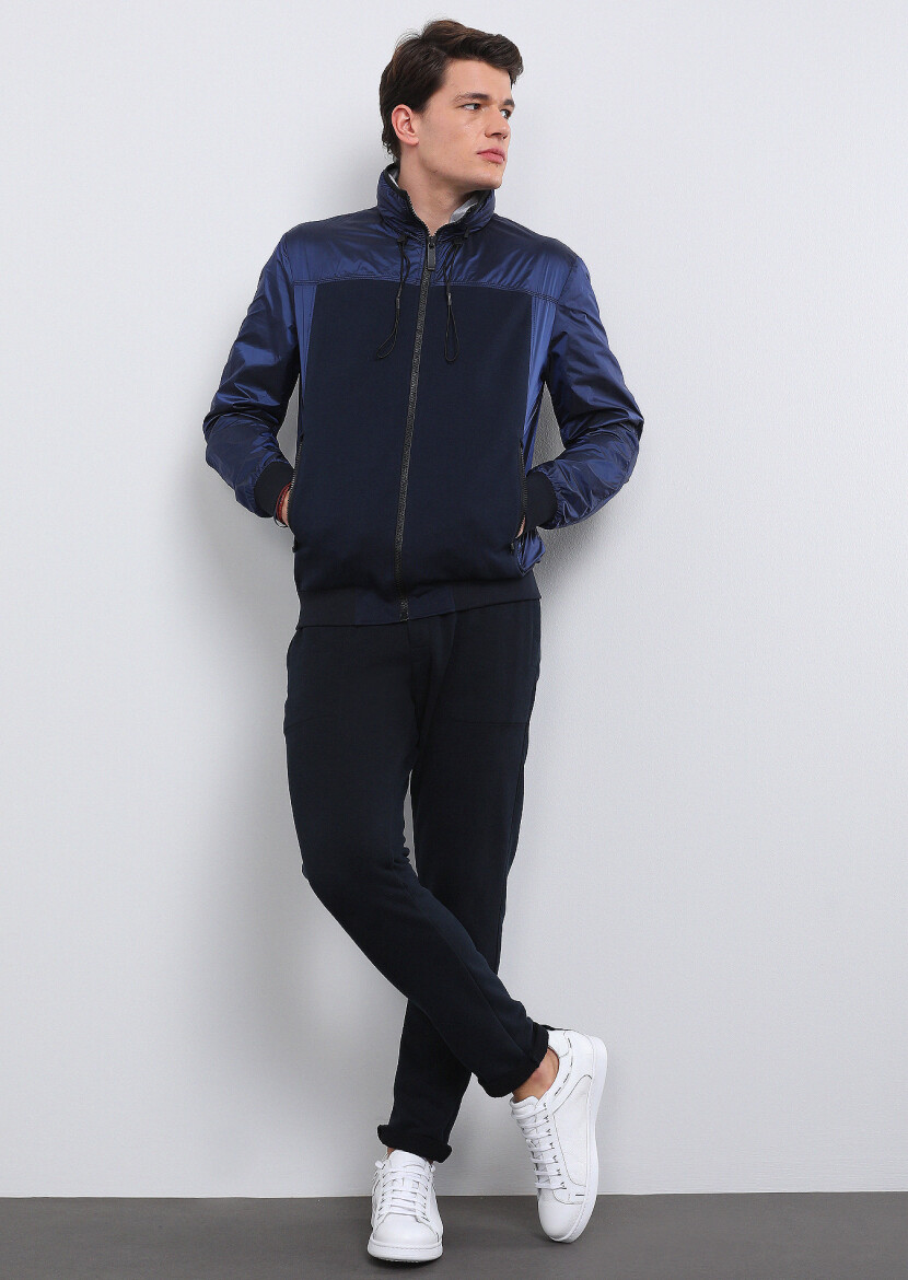 Navy Blue Regular Fit Turtleneck Casual Weaving Coat - 3