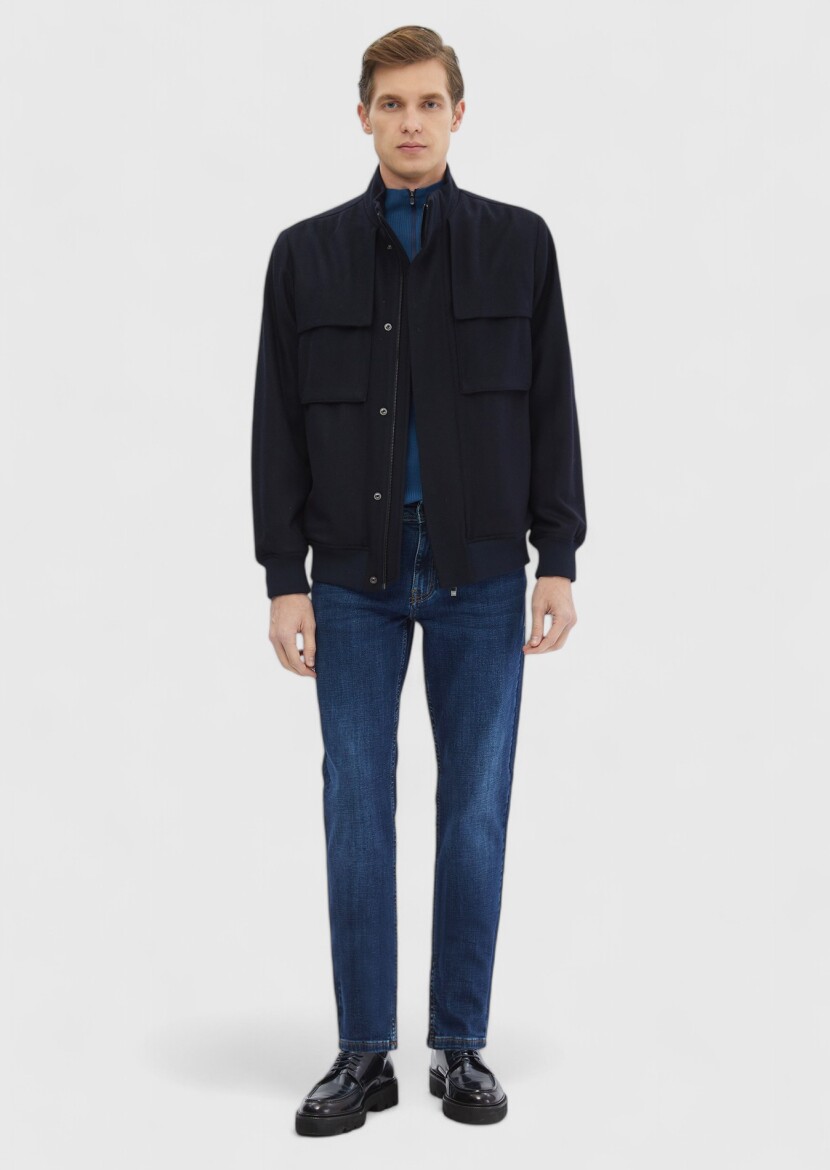 Navy Blue Regular Fit Turtleneck Casual Weaving Coat - RAMSEY