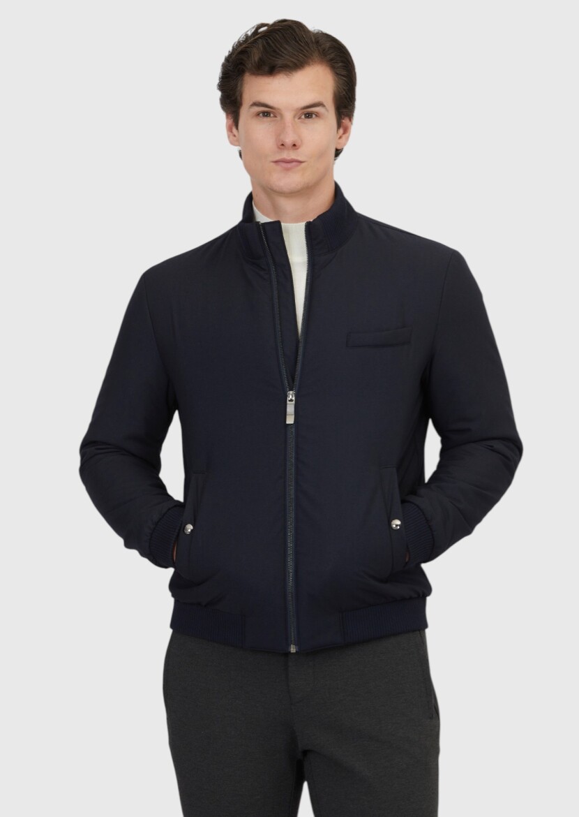 Navy Blue Regular Fit Turtleneck Casual Weaving Coat - RAMSEY