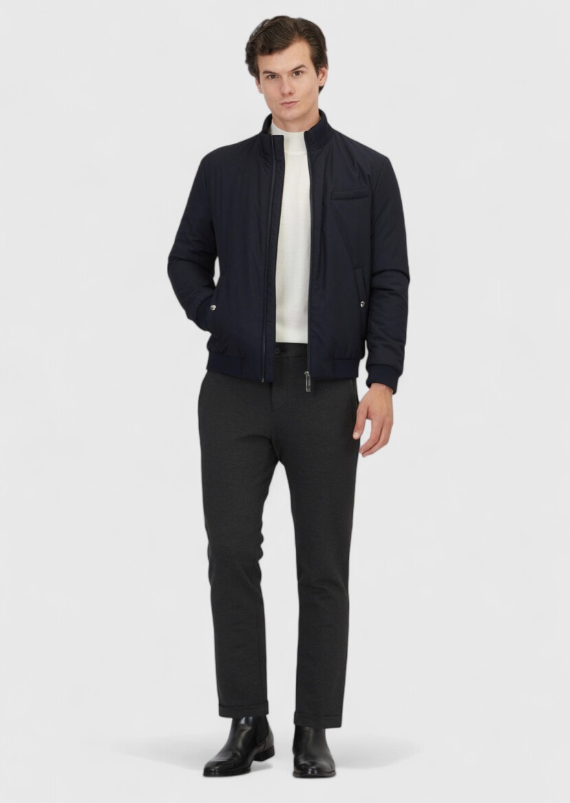 Navy Blue Regular Fit Turtleneck Casual Weaving Coat - RAMSEY