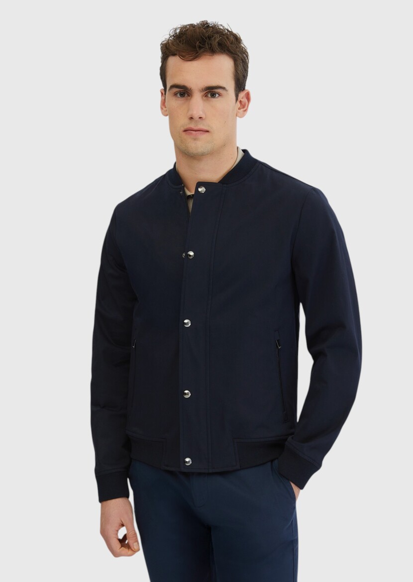 Navy Blue Regular Fit Turtleneck Casual Weaving Coat - RAMSEY