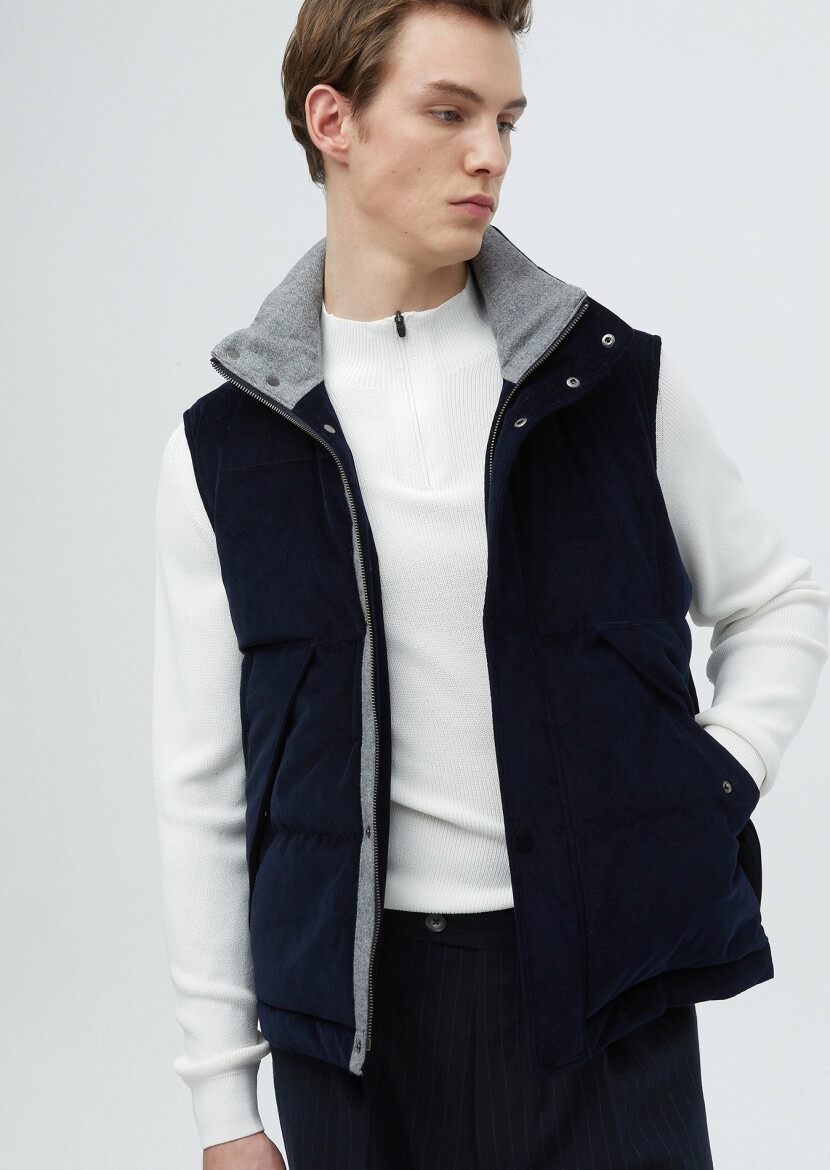 Navy Blue Regular Fit Turtleneck Casual Weaving Puffer Vest - RAMSEY