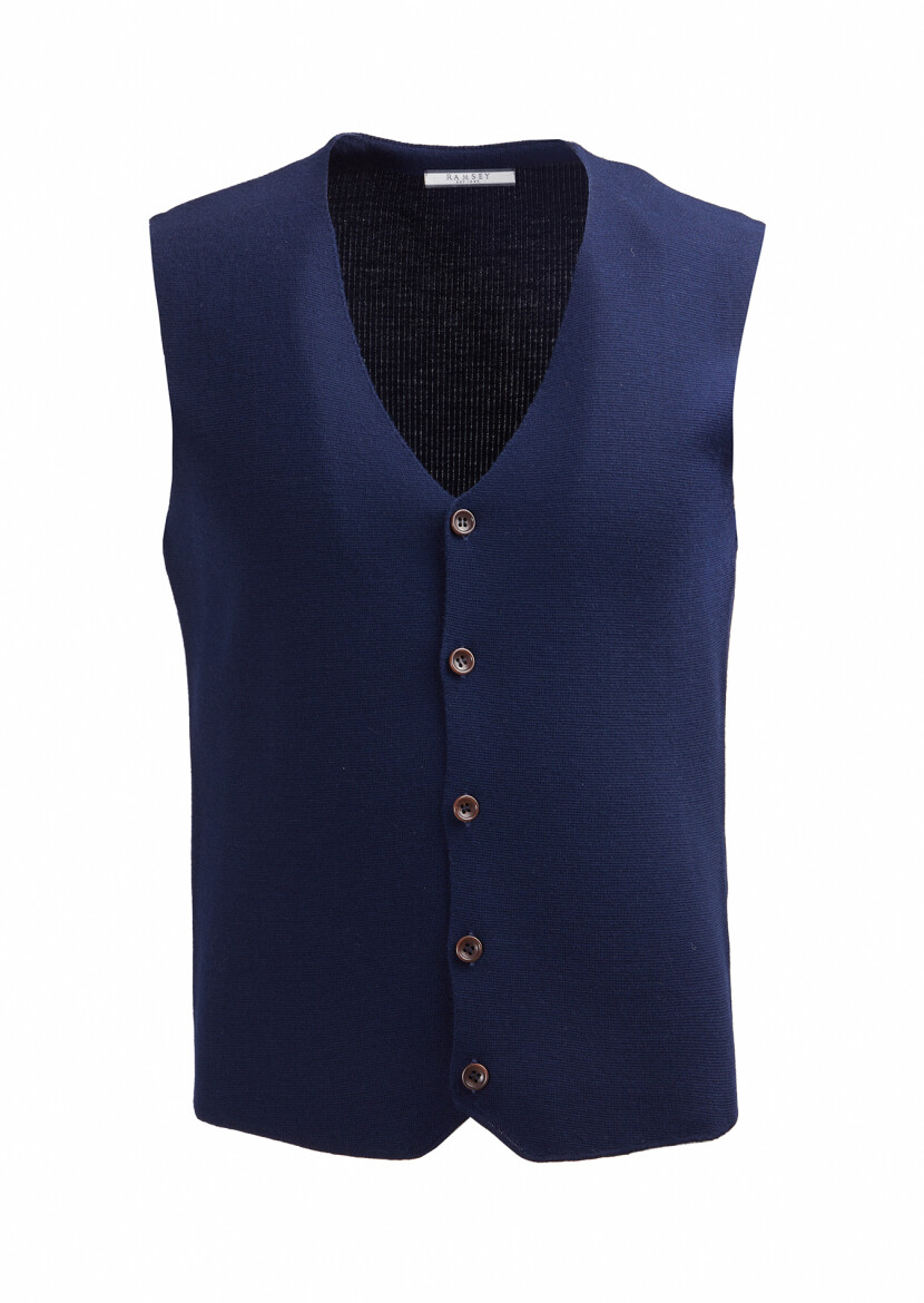 Navy Blue Regular Fit V-Neck Casual Knitting Knit Vest - RAMSEY