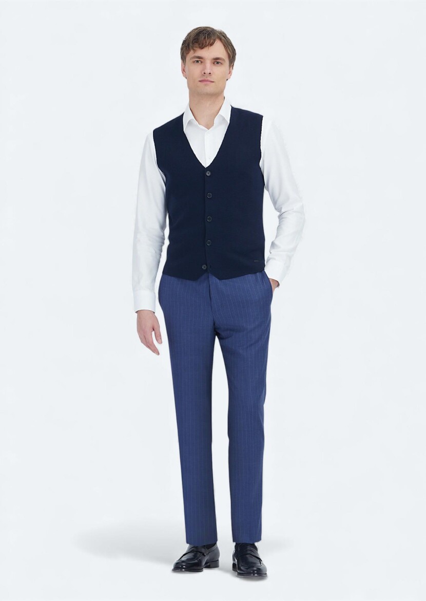 Navy Blue Regular Fit V-Neck Casual Knitting Knit Vest - RAMSEY