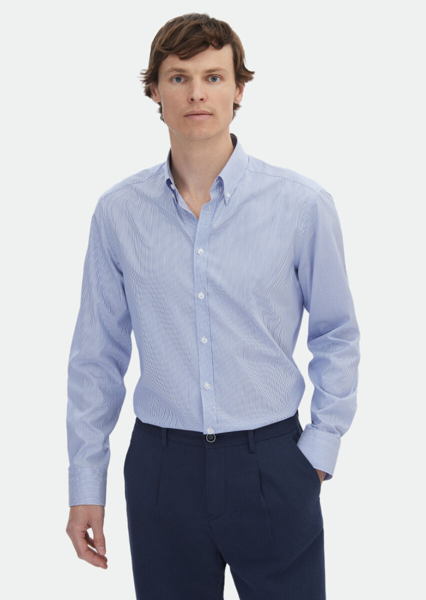 Navy Blue Striped Regular Fit Weaving Classical 100% Cotton Shirt - 1