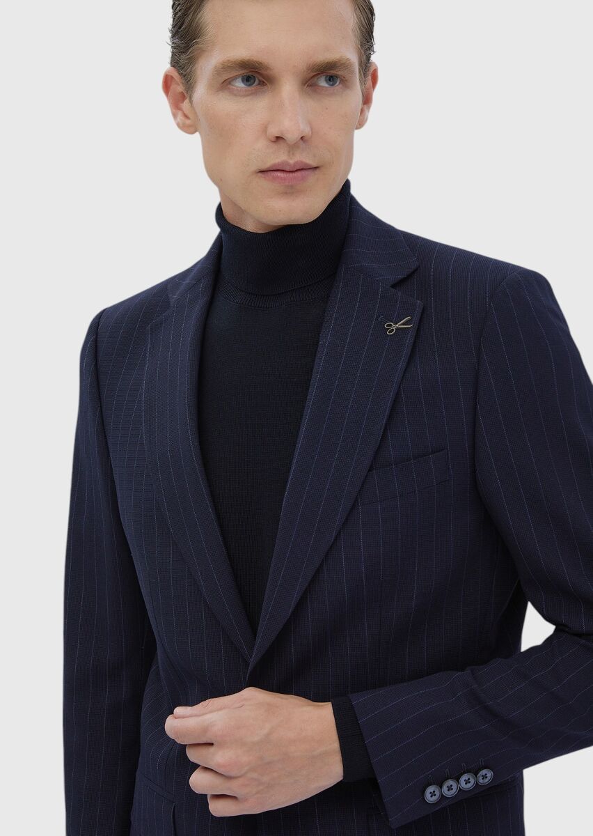 Navy Blue Striped Thin&Taller Slim Fit Wool Blended Suit - 3