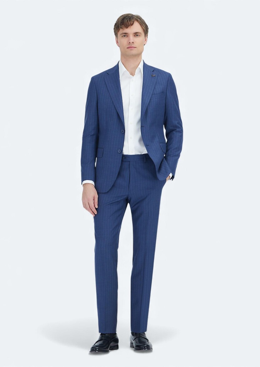 Navy Blue Striped Zeroweight Slim Fit 100% Wool Suit - RAMSEY