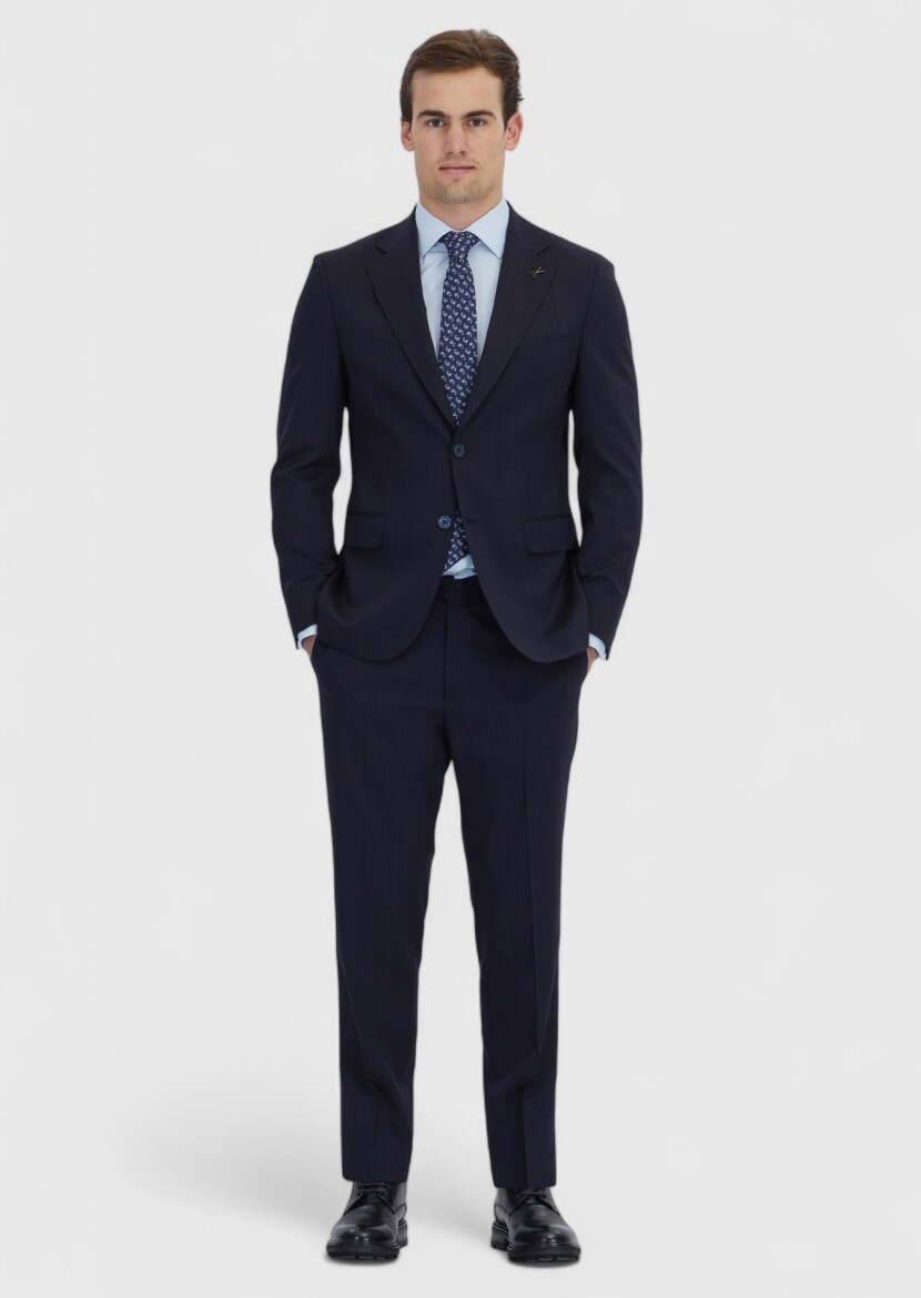 Navy Blue Striped Zeroweight Slim Fit Wool Blended Suit - RAMSEY