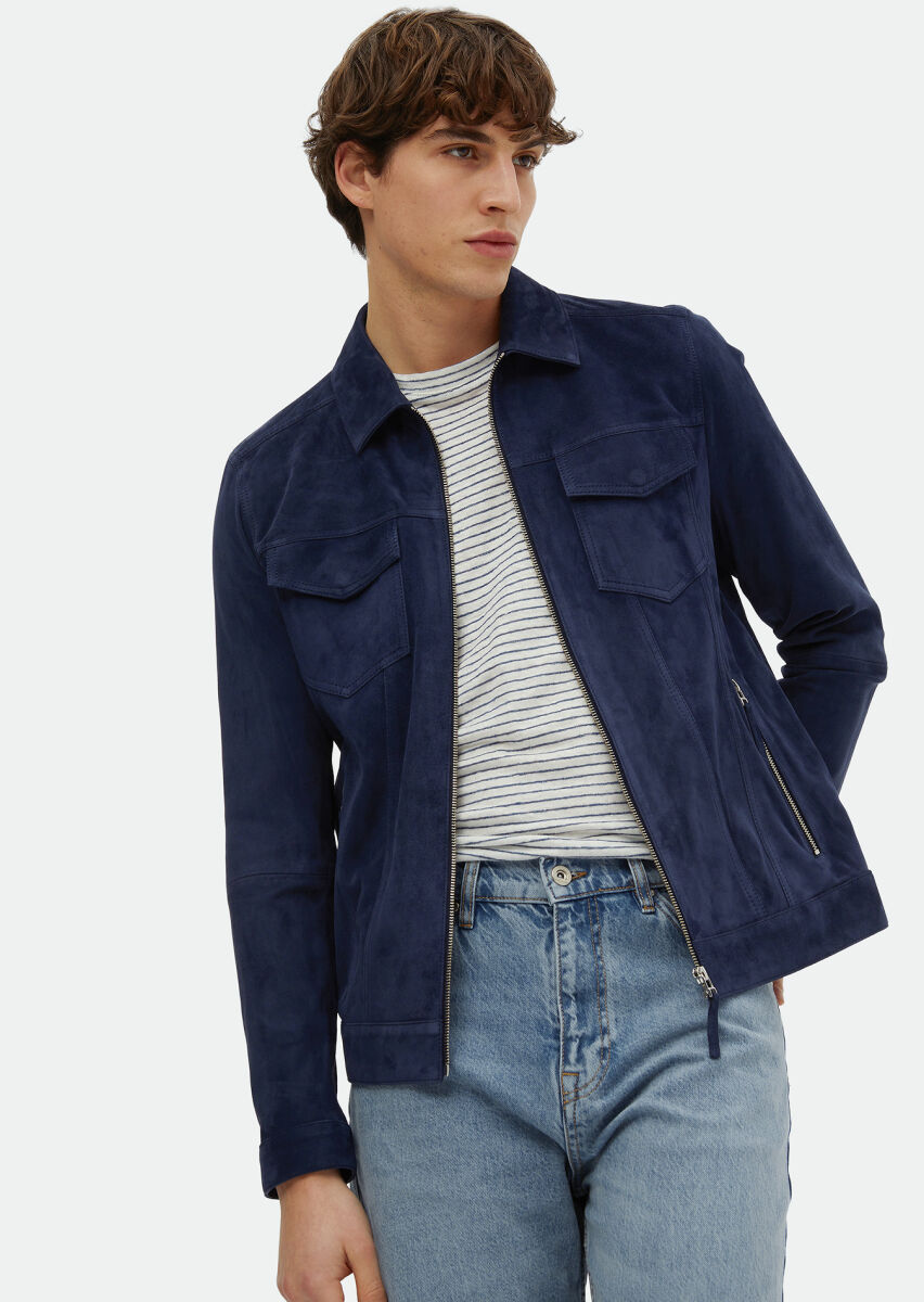Navy Blue Suede Leather Coat - 1