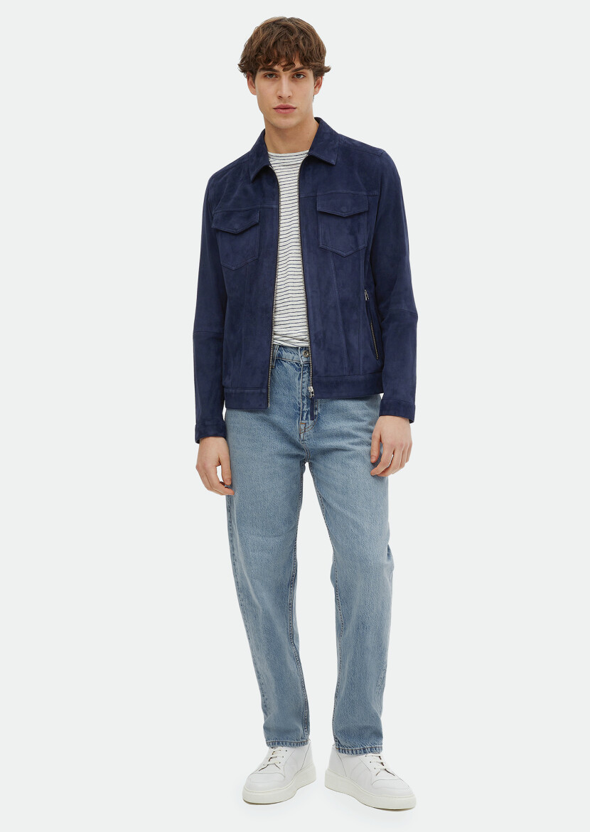 Navy Blue Suede Leather Coat 